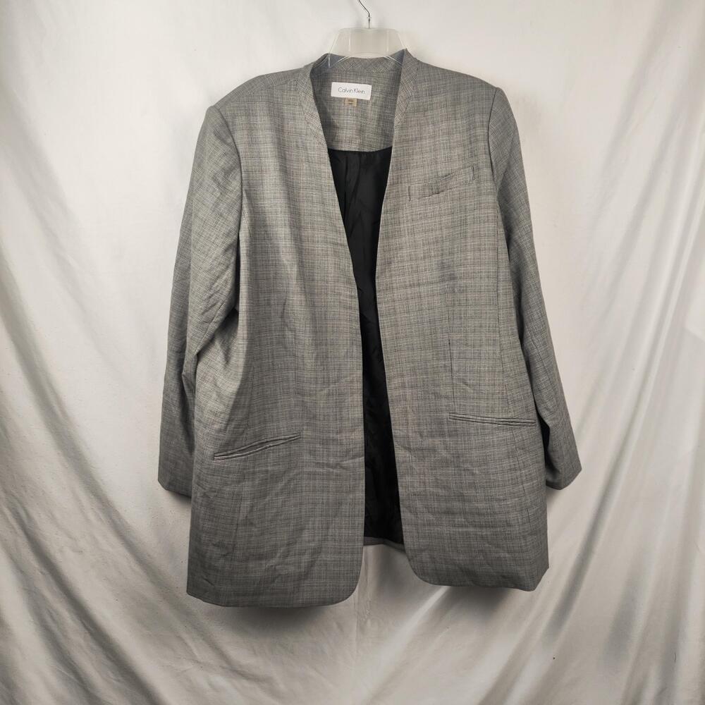 Calvin Klein Blazer Womens 20W Gray Plaid Open Front Lined Plus Jacket Work
